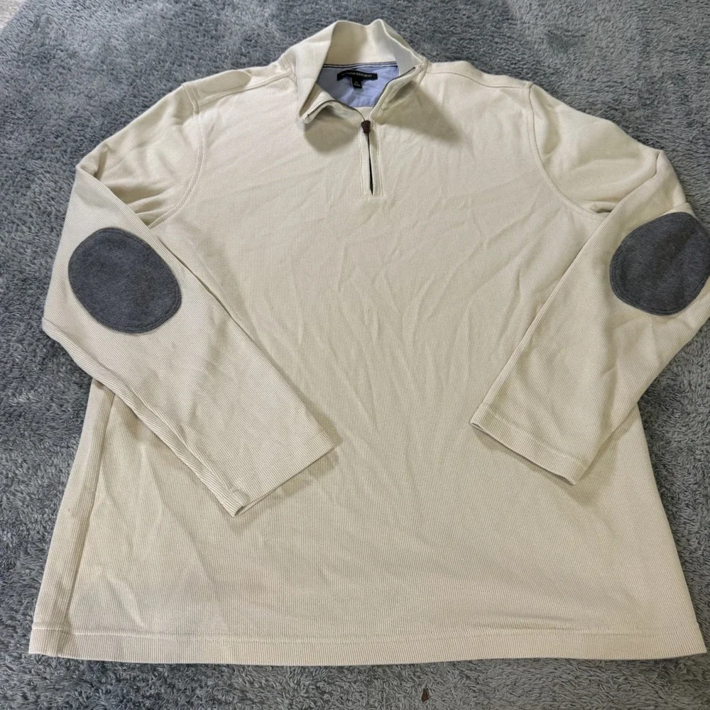 Banana Republic Mens Quarter Zip Pullover XL Ivory Elbow Patches Ribbed Knit